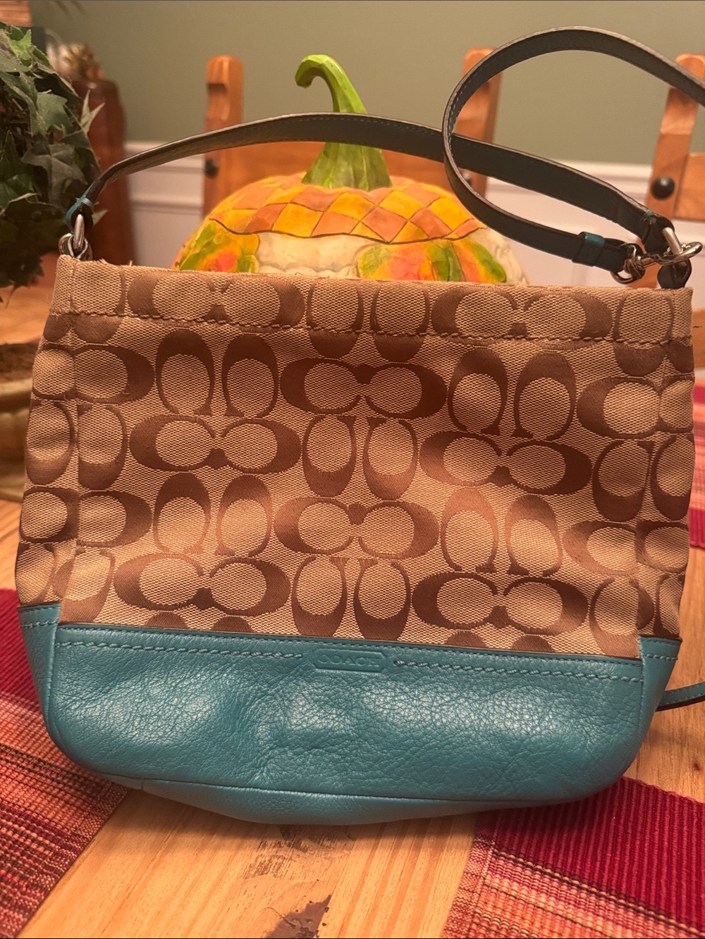 Coach Tan Signature Canvas Shoulder Bag with Aqua Blue Leather Trim